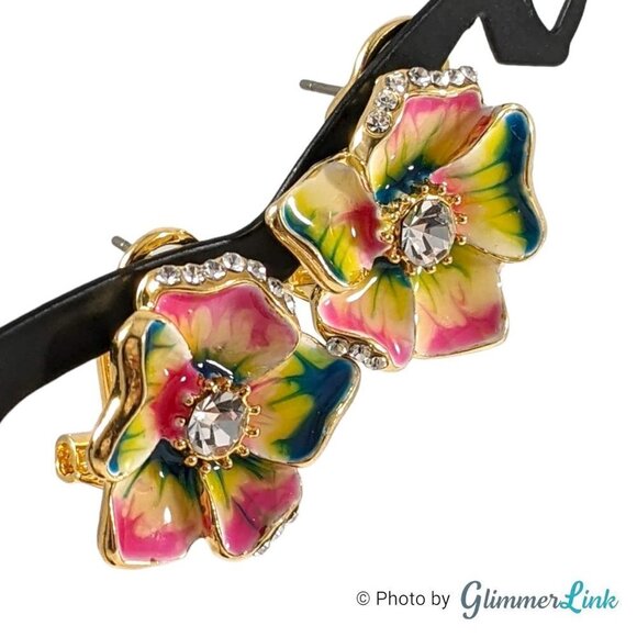 Bright Rainbow Enamel Hibiscus Gold Tone Lever Back Pierced Earrings - Picture 3 of 13